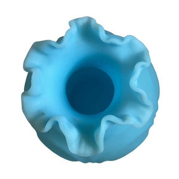 Fenton Vase Blue Satin Shell Bulbous Drapery Style Crimped Ruffle Edge 8" - Picture 3 of 7